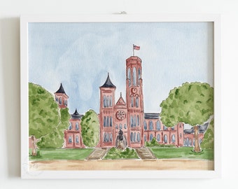 Washington DC Smithsonian Castle art print, Smithsonian museum watercolor painting, DC monument illustration, DC national mall art print