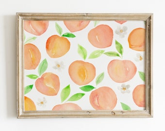 Summer peach print, kitchen decor, printable wall art, watercolor peaches, botanical