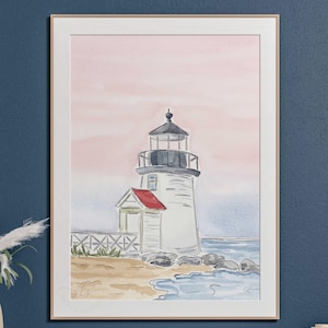 Nantucket Brant Point lighthouse print, watercolor Nantucket sunset painting, coastal beach house decor, nautical wall art, PRINTABLE art