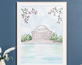 Jefferson Memorial watercolor art print, Washington DC cherry blossoms painting, travel painting, DC landmark illustration, wedding gift