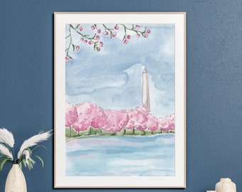 Washington Monument art print, Washington DC cherry blossom painting, travel watercolor painting, DC landmark illustration, gallery wall art