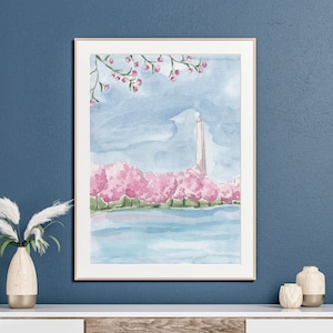 Impression d'art du Washington Monument, peinture de fleurs de cerisier de Washington DC, aquarelle de voyage, illustration de point de repère de DC, art mural de galerie