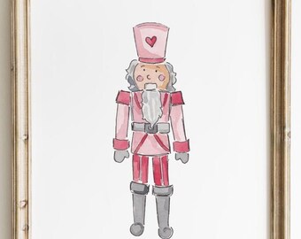 Pintura de quebra-nozes rosa de Natal, impressão artística em aquarela de quebra-nozes natalino, decoração natalina, ilustração fofa, arte PARA IMPRIMIR