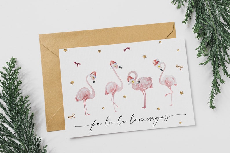 Christmas flamingo holiday card, funny printable Christmas card, printable holiday card, cute Christmas pun card, printable greeting card image 1