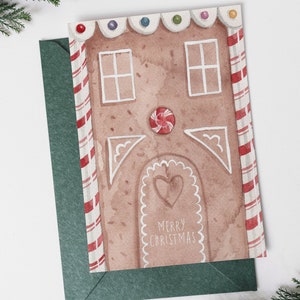 Carte maison en pain dépice de Noël, carte de vœux de Noël, canne en bonbon aquarelle, jolie carte de Noël, carte de vœux de Noël, carte imprimable image 8