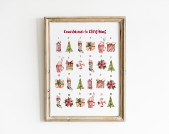 Christmas Advent calendar, printable red and green Christmas countdown, printable holiday decor, Christmas decor, printable Advent calendar