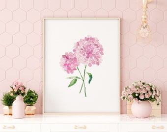 Pink hydrangea watercolor print, floral art print, watercolor floral painting, watercolor pink flower art, watercolor hydrangea printable