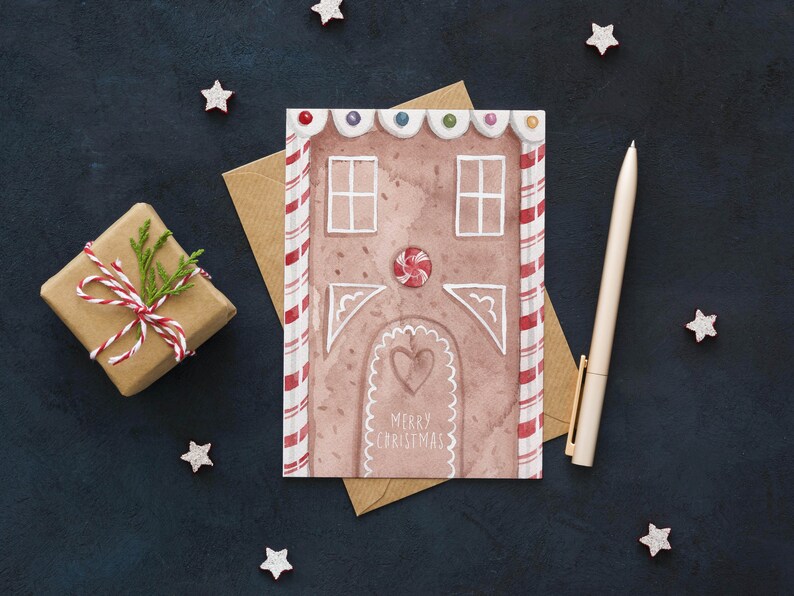 Carte maison en pain dépice de Noël, carte de vœux de Noël, canne en bonbon aquarelle, jolie carte de Noël, carte de vœux de Noël, carte imprimable image 1