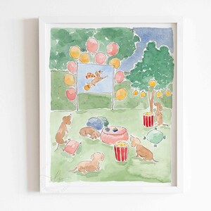 May include: Watercolour painting depicting a dachshund movie night. The artwork shows several dachshunds enjoying a film under a tree, with popcorn and cushions. Balloons and a movie screen are also present, creating a whimsical atmosphere.