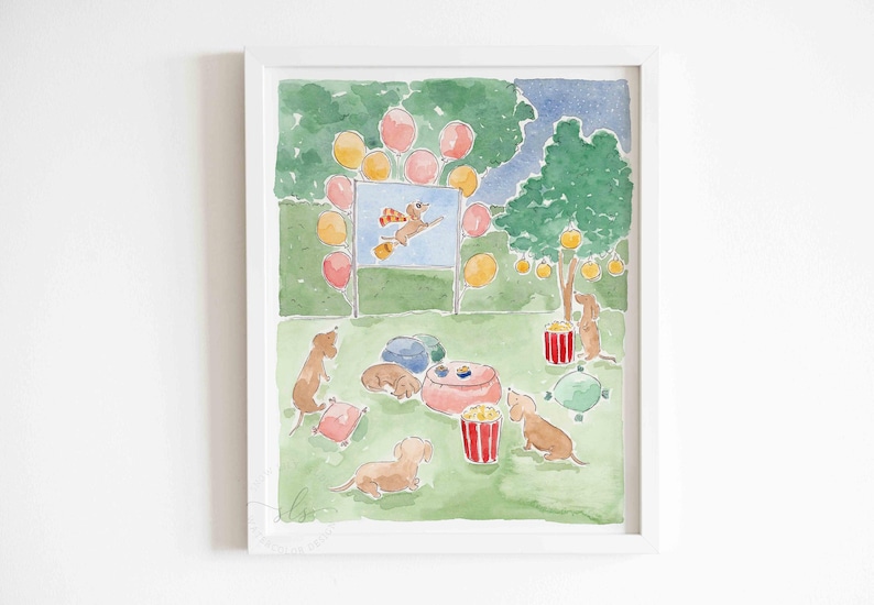May include: Watercolour painting depicting a dachshund movie night. The artwork shows several dachshunds enjoying a film under a tree, with popcorn and cushions. Balloons and a movie screen are also present, creating a whimsical atmosphere.