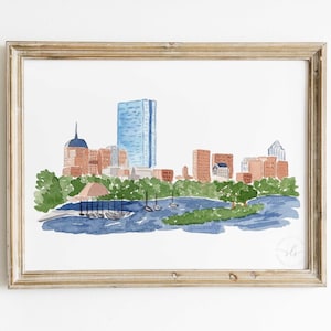 Boston skyline watercolor print, Boston cityscape wall art, watercolor Boston Back Bay painting, PRINTABLE Boston skyline decor