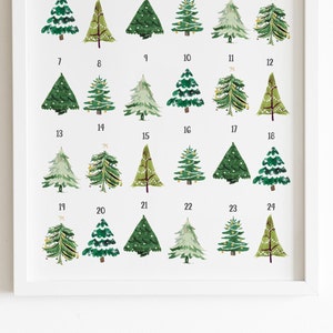 Calendrier de l'Avent imprimable, impression du compte à rebours de Noël, calendrier de l'avent de l'arbre de Noël à l'aquarelle, décor de Noël, décor de vacances, PDF image 5