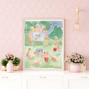 Whimsical dog movie night art print, watercolor dachshund painting, summer kids room decor, playful nursery wall art, dog lover gift image 4