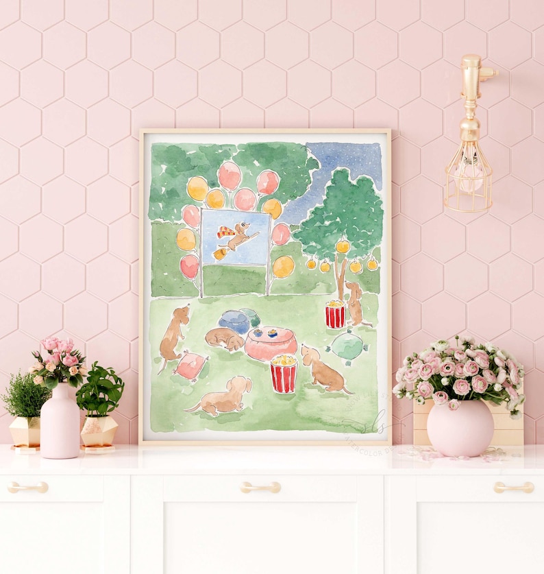 Whimsical dog movie night art print, watercolor dachshund painting, summer kids room decor, playful nursery wall art, dog lover gift image 4