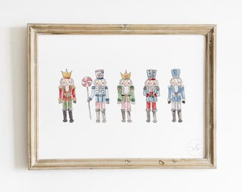 Arte de parede de quebra-nozes, pintura em aquarela de Natal com o quebra-nozes, ilustração fofa e caprichosa, decoração de Natal rosa, PARA IMPRIMIR