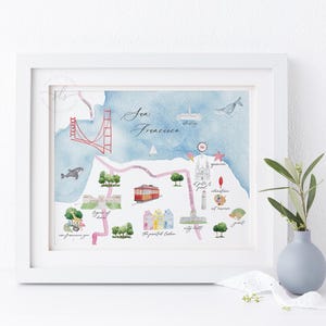 Impression de carte aquarelle de San Francisco, art de la ville de Californie, art mural de San Francisco, illustration de carte aquarelle, cadeau pour amateur de voyage, imprimable