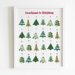 Advent calendar printable, Christmas countdown print, watercolor Christmas tree advent calendar, Christmas decor, holiday decor, PDF image 1