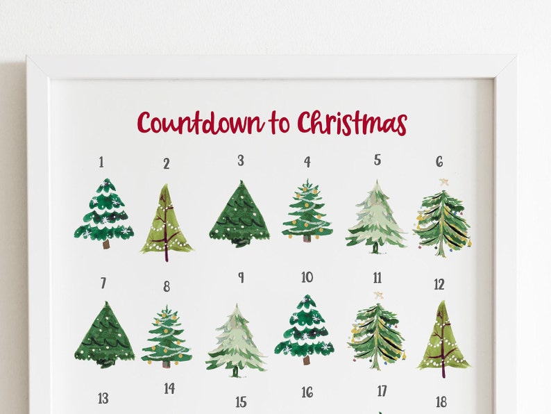 Advent calendar printable, Christmas countdown print, watercolor Christmas tree advent calendar, Christmas decor, holiday decor, PDF image 4