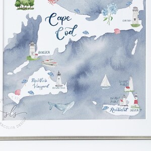 Map of Cape Cod Marthas Vineyard and Nantucket, Illustrated Watercolor Lighthouses, Coastal ...