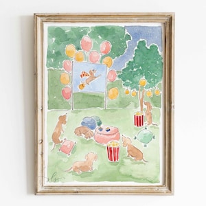 This photo shows a watercolor painting depicting a backyard movie night for dogs. The dogs are dachshunds and they are watching a movie on a projector. There are buckets of popcorn and fluffy pillows. The projector screen is framed with pink and yellow balloons. There is a tree with lanterns in the background. The watercolor is detailed with black ink pen.