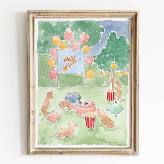 Whimsical dog movie night art print, watercolor dachshund painting, summer kids room decor, playful nursery wall art, dog lover gift
