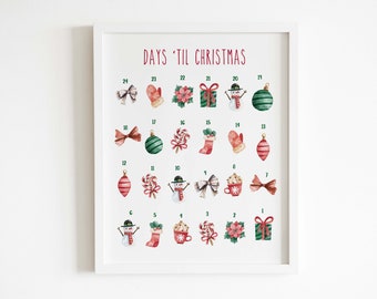 Watercolor printable Advent calendar, Christmas countdown calendar, printable Advent calendar, Christmas calendar, holiday decor, PDF