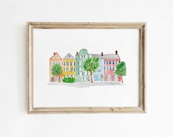 Rainbow Row watercolor wall art, Charleston art print, Charleston South Carolina watercolor painting, PRINTABLE wall art, housewarming gift
