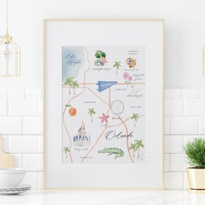 Carte aquarelle d'Orlando en Floride, art de la ville d'Orlando, impression de voyage en Floride, art mural monuments d'Orlando, décoration côtière, imprimable