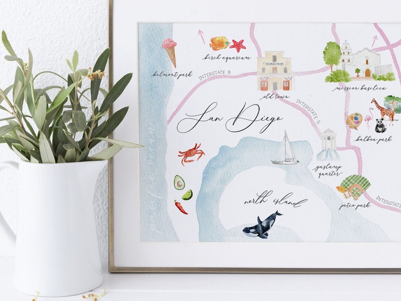 San Diego wedding gift PRINTABLE wall art San Diego watercolor map California watercolor print graduation gift illustrated map print