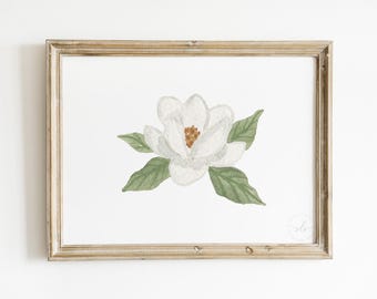 White magnolia watercolor print, Southern botanical art, minimalist floral painting, white flower PRINTABLE wall art, elegant home decor