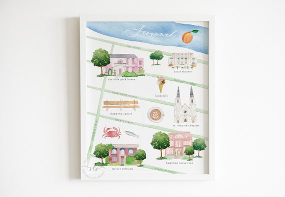 Savannah Georgia map print, Savannah watercolor map art, illustrated city map, watercolor painting, Savannah Georgia map art, PRINTABLE