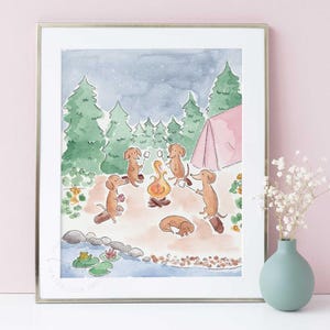 Whimsical camping dog print, woodland nursery wall art, dachshund lover illustration, watercolor forest painting, cute kids room PRINTABLE