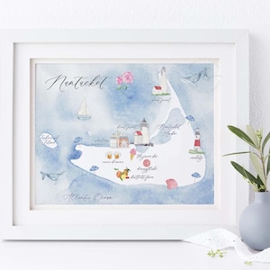 Nantucket map art print, watercolor illustrated map, Nantucket coastal art, nautical New England wall decor, wedding or housewarming gift