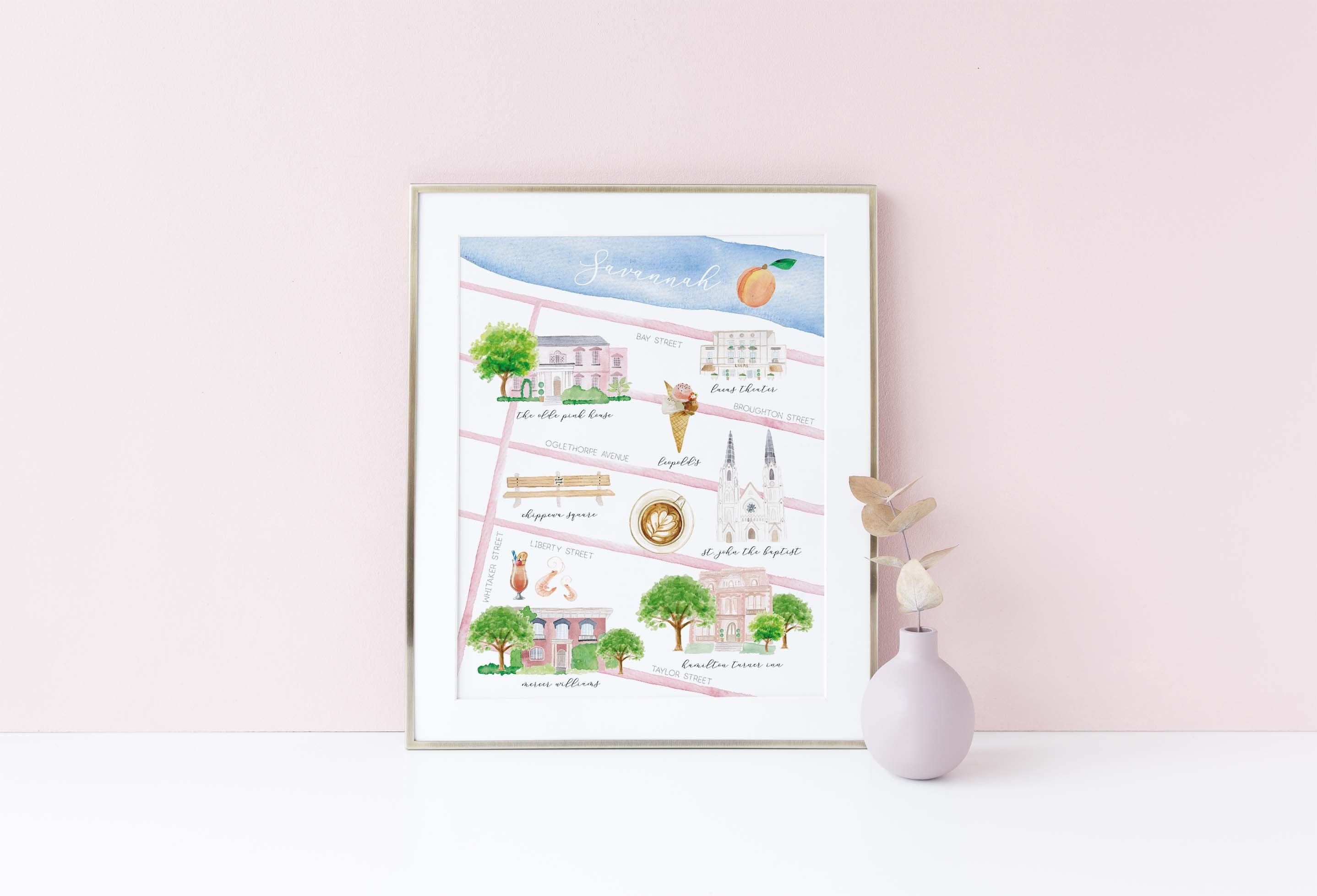Savannah City Art, Savannah Georgia Map Art, Watercolor Illustrated Map,  PRINTABLE Wall Art, Housewarming Gift, Wedding Gift, 8x10 Map Art - Etsy, image size:2876x1957