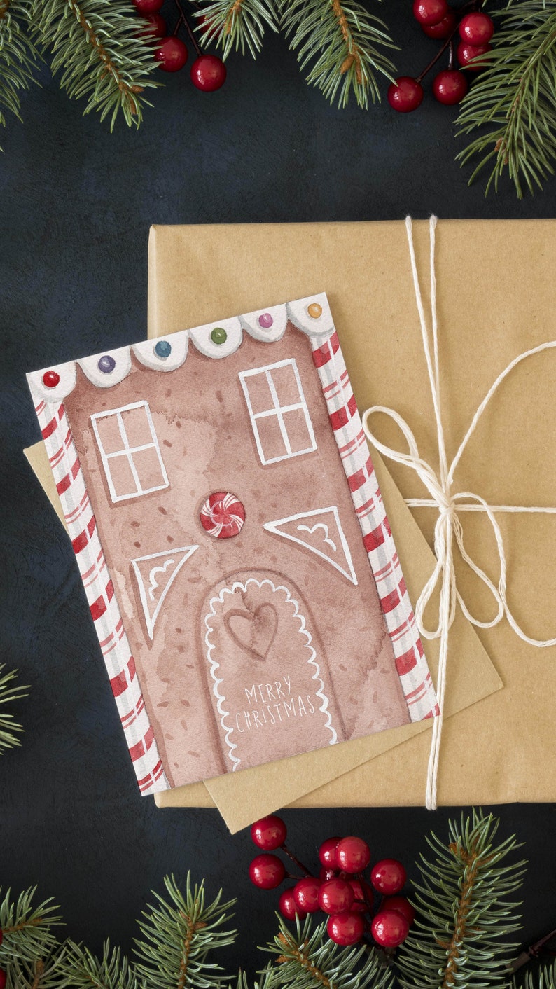 Carte maison en pain dépice de Noël, carte de vœux de Noël, canne en bonbon aquarelle, jolie carte de Noël, carte de vœux de Noël, carte imprimable image 5
