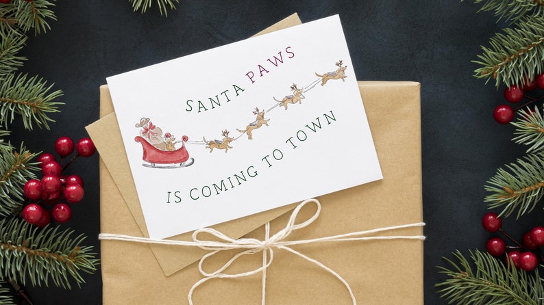 Christmas dog Santa paws holiday card, cute Christmas card, printable Christmas card, printable holiday cards, greeting card PRINTABLE imagem 1