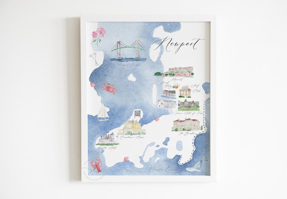 Newport Rhode Island Map Print Watercolor Illustrated Map - Etsy