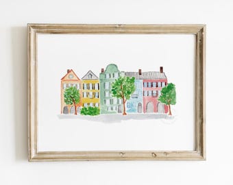 Rainbow Row watercolor wall art, Charleston art print, Charleston South Carolina watercolor painting, PRINTABLE wall art, housewarming gift