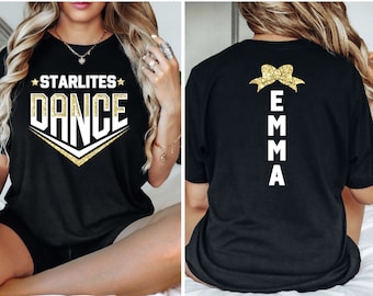 May include: Black t-shirt with gold glitter text and a bow on the back. The front of the shirt says "Starlites Dance" and the back says "Emma".