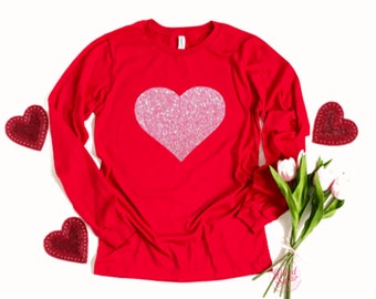 Heart Shirt, Long Sleeve,Glitter, Heart Valentine's Shirt,Valentine's Day Shirt,Women's Valentine's Day Shirt,Teacher Valentine's Day Shirt,