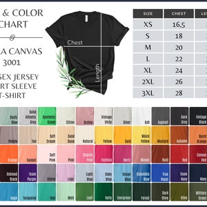 May include: Size chart for Bella Canvas 3001 unisex jersey short sleeve t-shirt. The chart shows sizes XS to 3XL with corresponding chest and length measurements in inches.