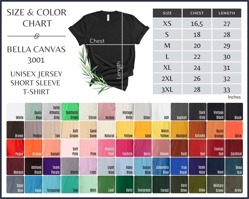 May include: Size chart for Bella Canvas 3001 unisex jersey short sleeve t-shirt. The chart shows sizes XS to 3XL with corresponding chest and length measurements in inches.