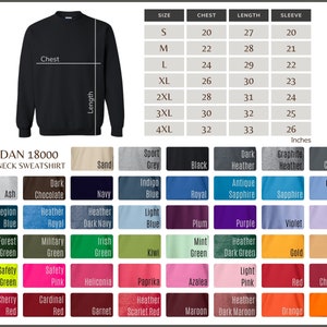 May include: A black Gildan 18000 crewneck sweatshirt shown with a sizing chart in inches and a comprehensive colour palette grid. The chart lists chest, length, and sleeve measurements for sizes S through 4XL, alongside various fabric colour options.