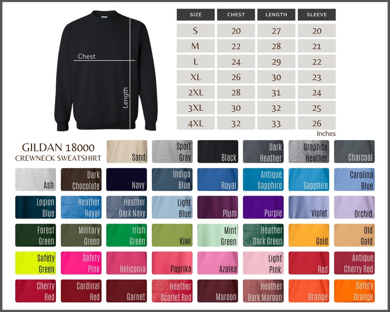 May include: A black Gildan 18000 crewneck sweatshirt shown with a sizing chart in inches and a comprehensive colour palette grid. The chart lists chest, length, and sleeve measurements for sizes S through 4XL, alongside various fabric colour options.