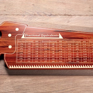 May include: A wooden saw with a handle shaped like a saw blade. The blade has a chart of fractional equivalents with decimal and millimeter conversions.