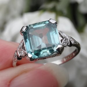 Art Deco Ocean Blue Zircon Ring in 18 White Gold & Platinum, Size N, Appraisal included!