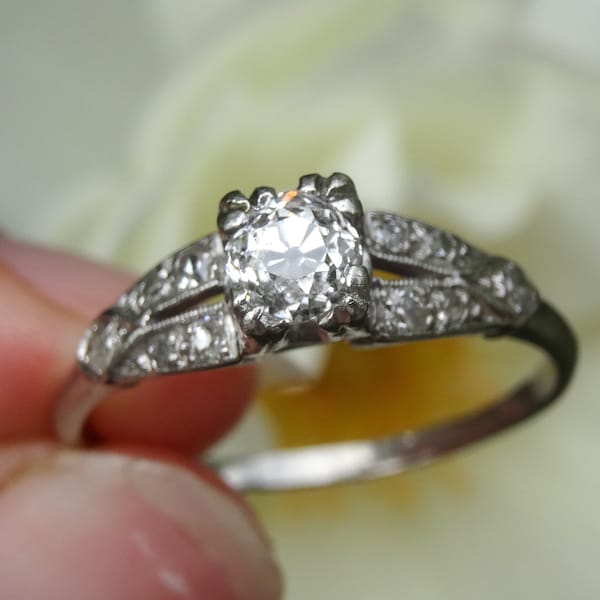 Exquisite Art Deco Platinum Diamond Engagement Ring, Appraisal included, Old Mine Cut!