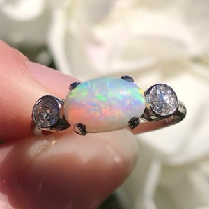 Antique fiery, multicolour opal and diamond 18ct gold ring - with appraisal!