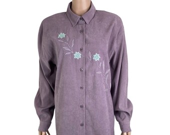 Vintags Teddi Shirt Button Front Large Lilac Embroidered Floral Faux Suede