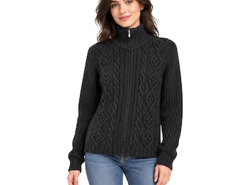 Vintage Benetton Sweater Womens Large Black Cable Knit Full Zip Wool Blend Italy